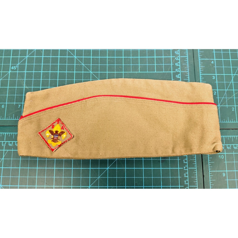 Vintage Boy Scouts of America BSA Tan Garrison Cap Red Piping Extra Large Hat